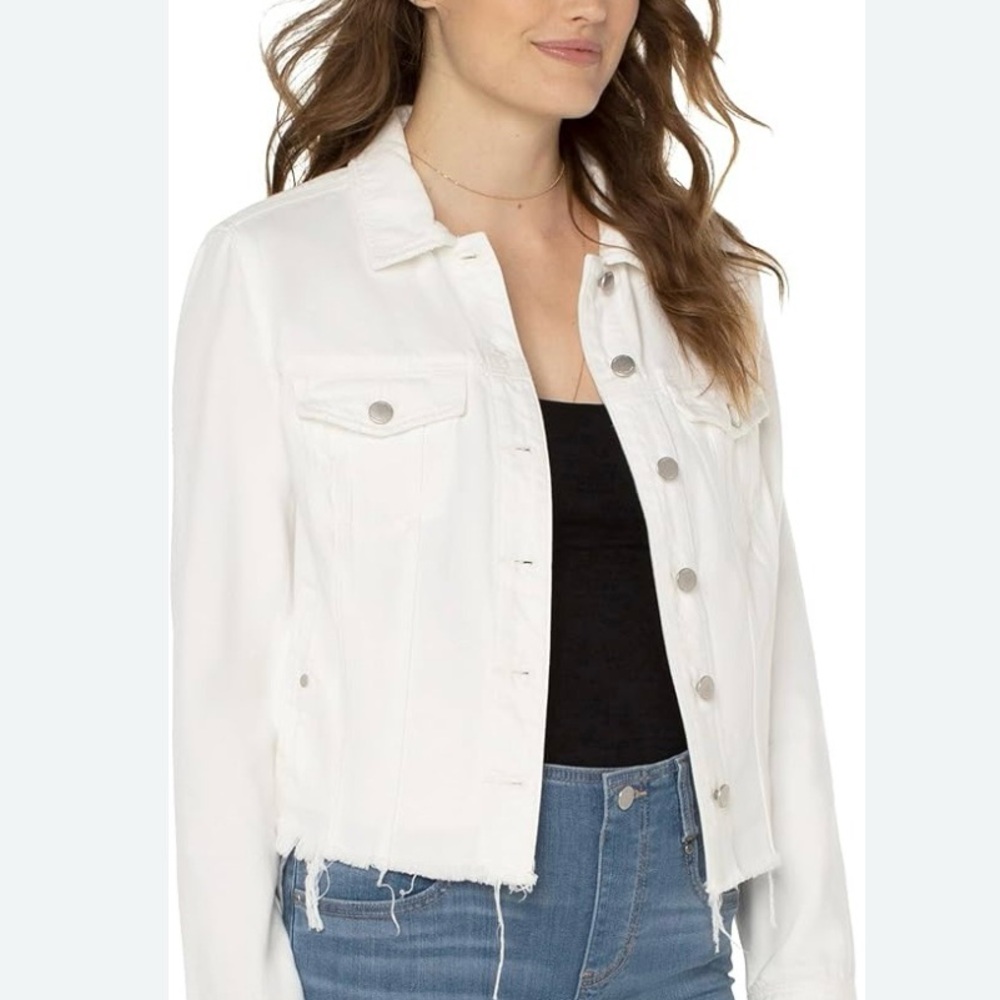 Blank NYC White Denim Trucker Raw Distressed Hem Jacket Small